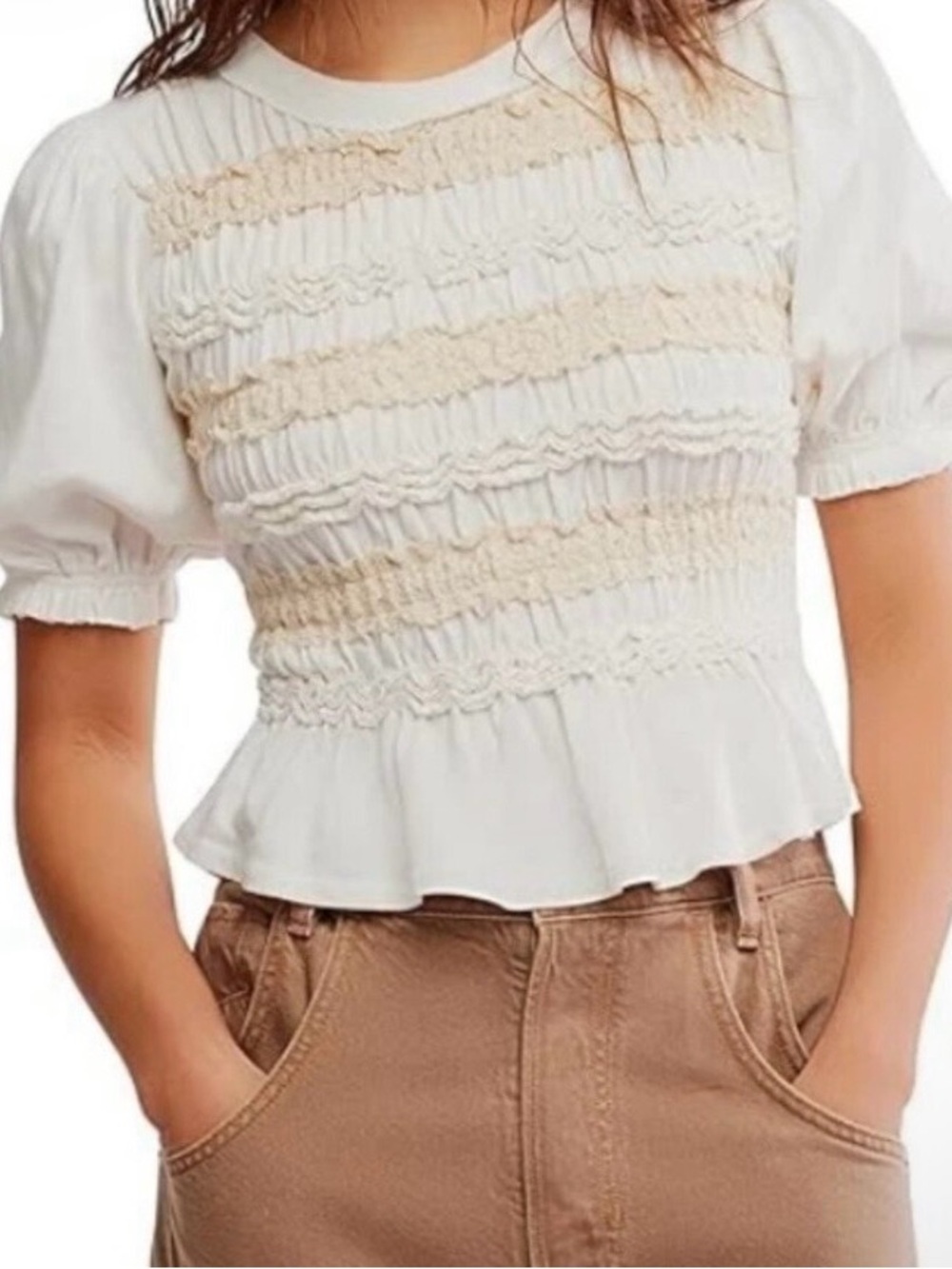 Cream Smocked Peplum Crop Top